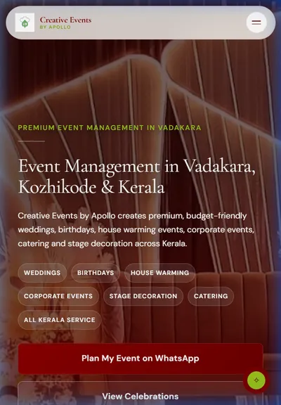 Creative Events by Apollo mobile view designed by ZYNEXS Intelligence